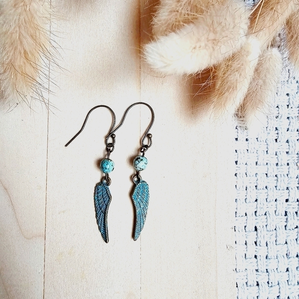 African Turquoise Wing Dangle Earrings Natural Handcrafted Western Boho New